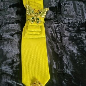 Lime Green Tie with Butterfly Brooch